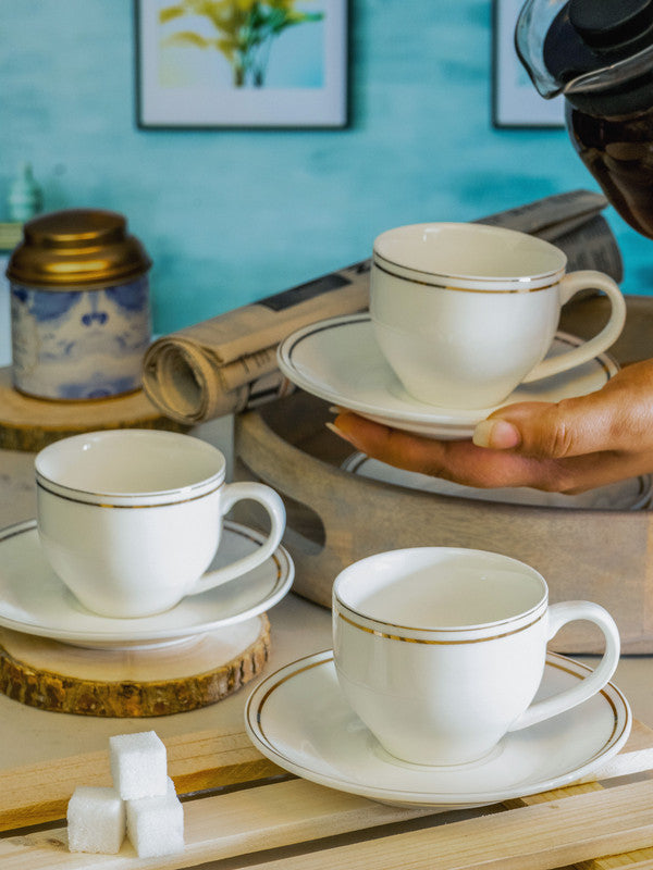 White Gold Porcelain Tea Cup Saucer Set (Set of 6pcs Cup & 6pcs Saucer)