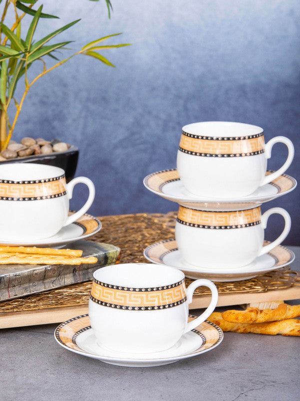 Cello Porcelain Tea/Coffee Cup Saucer with Gold Print (Set of 6pcs Cup & 6pcs Saucer)