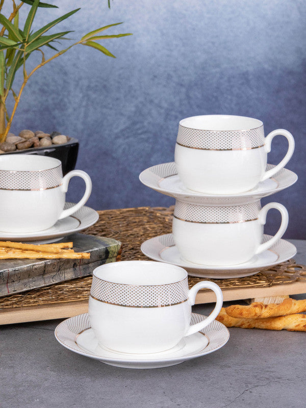 White Gold Porcelain Tea/Coffee Cup Saucer with Gold Print (Set of 6pcs Cup & 6pcs Saucer)