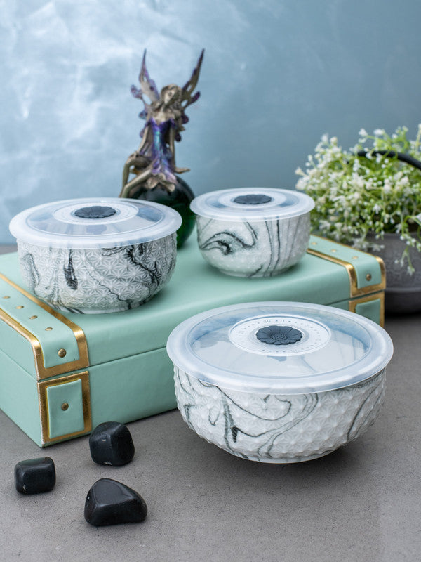 Porcelain Airtight Bowl with Plastic Lid in Marble Effect (Set of 3 pcs)
