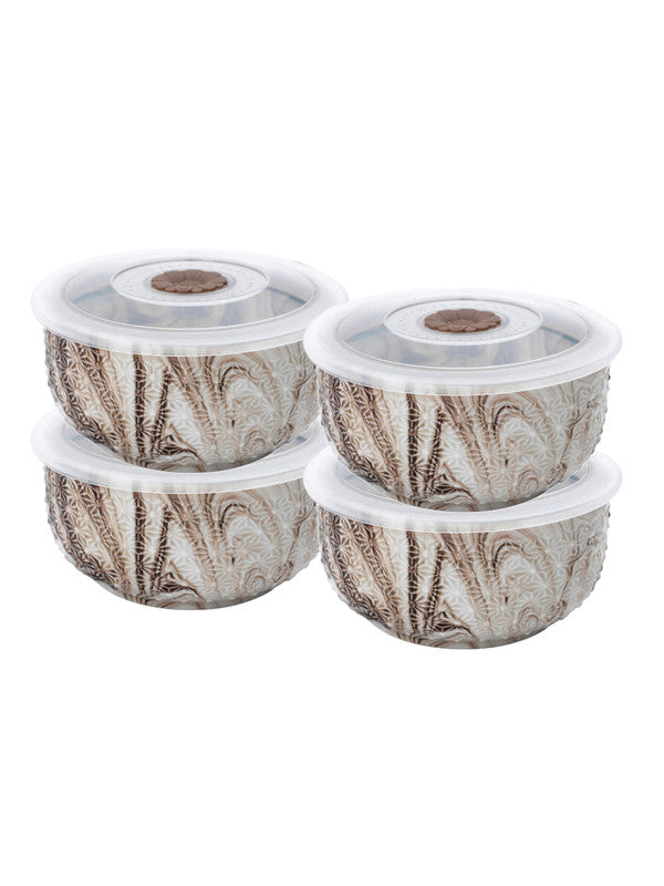 Porcelain Airtight Bowl with Plastic Lid in Marble Effect (Set of 4 pcs)