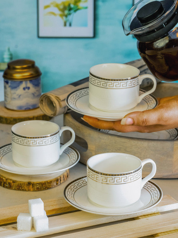 White Gold Porcelain Tea Cup Saucer Set (Set of 6pcs Cup & 6pcs Saucer)