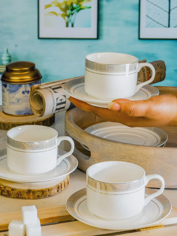 White Gold Porcelain Tea Cup Saucer Set (Set of 6pcs Cup & 6pcs Saucer)