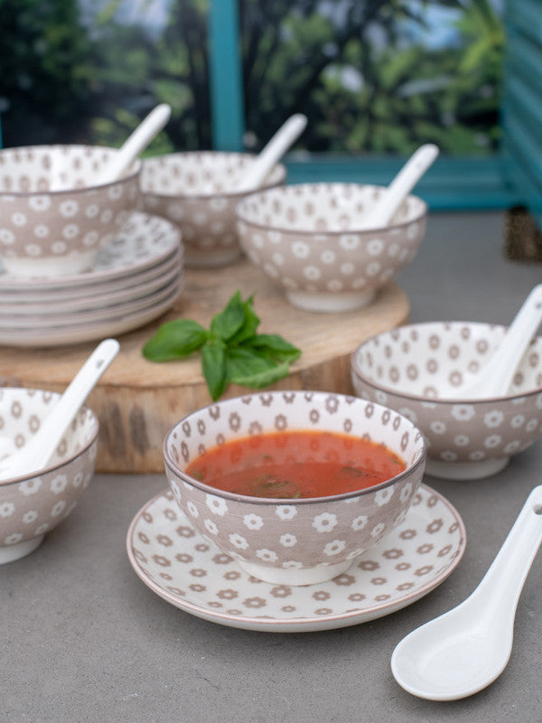 Porcelain Soup Bowl Set with Plates and Spoons (Set of 18 pcs)