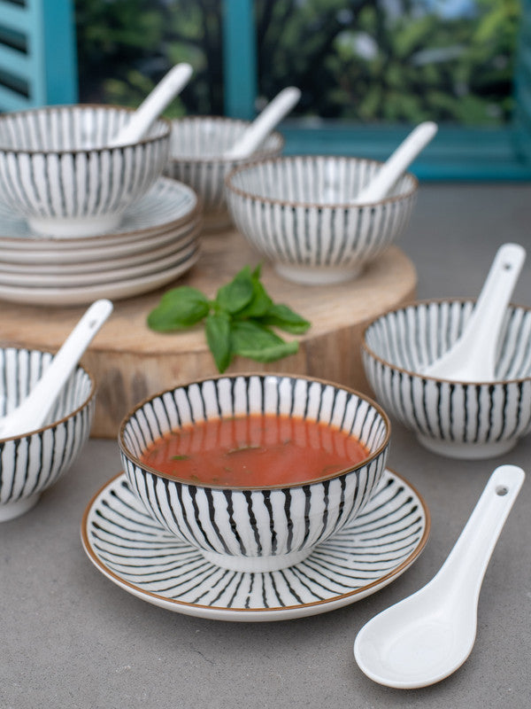 Porcelain Soup Bowl Set with Plates and Spoons (Set of 18 pcs)