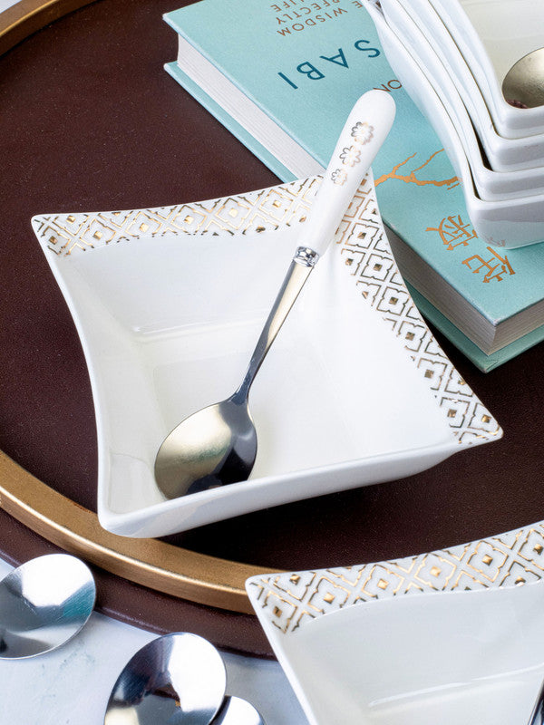 White Gold Porcelain Snack Bowl Set & Spoons with Gold Print (set of 6pcs Bowl & 6pcs Spoons)