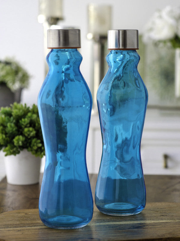 Glass Bottle in Blue Colour with Airtight Cap for Milk, Water, Juice ( Set of 2)
