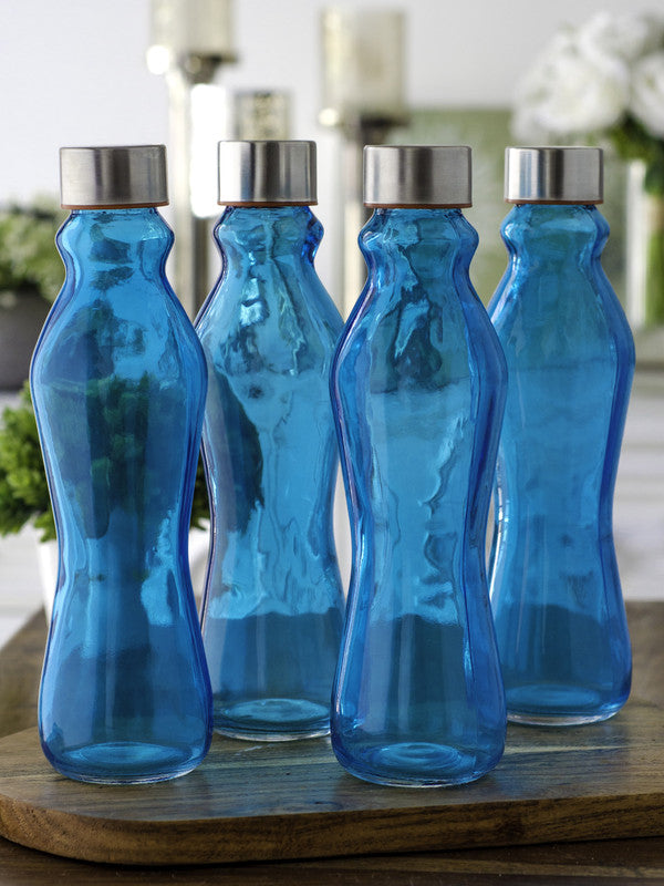 Glass Bottle in Blue Colour with Airtight Cap for Milk, Water, Juice ( Set of 4)
