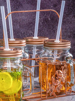 White Gold Glass Mason Jar With Metal Lid & Rack (Set Of 4Pcs Mug With Straw & 1Pc Metal Rack)