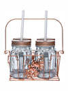 White Gold Glass Mason Jar With Metal Lid & Rack (Set Of 4Pcs Mug With Straw & 1Pc Metal Rack)