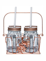 White Gold Glass Mason Jar With Metal Lid & Rack (Set Of 4Pcs Mug With Straw & 1Pc Metal Rack)