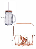 White Gold Glass Mason Jar With Metal Lid & Rack (Set Of 4Pcs Mug With Straw & 1Pc Metal Rack)