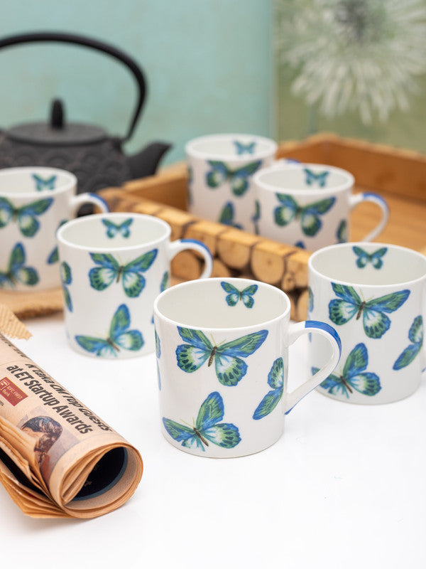 Bone China Tea Cups/Coffee Mugs with Butterfly Print (Set of 6 mugs)