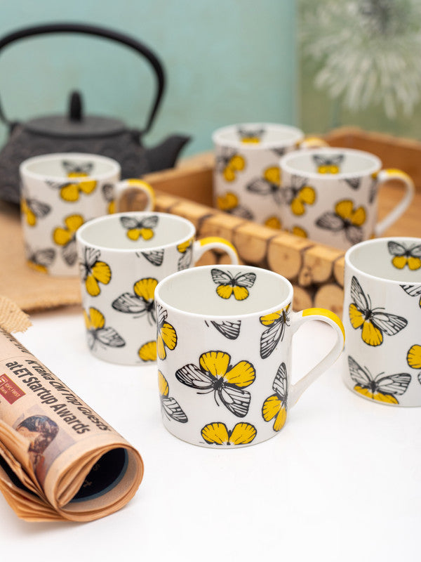 Bone China Tea Cups/Coffee Mugs with Butterfly Print (Set of 6 mugs)