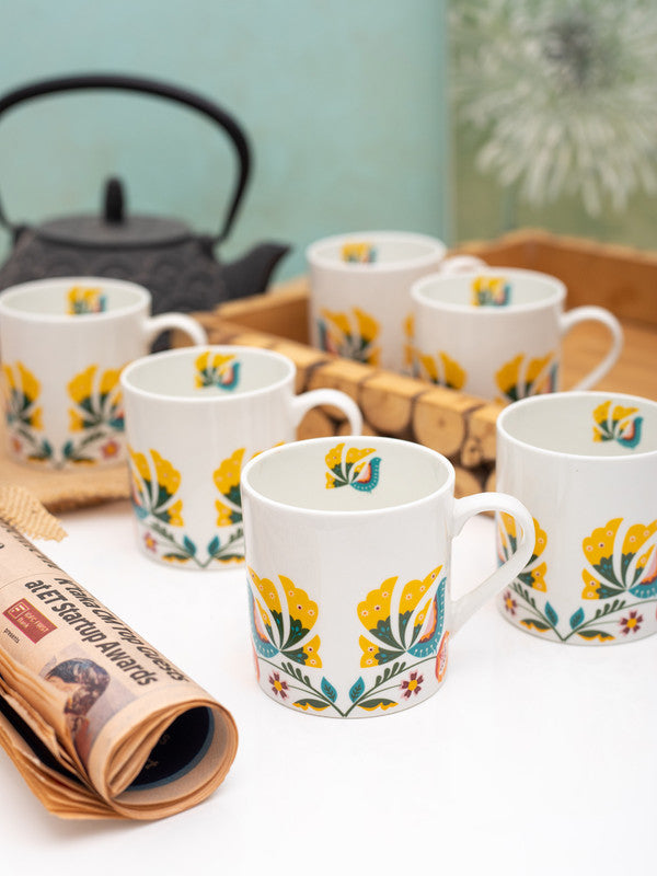 Bone China Tea Cups/Coffee Mugs with Bird Print (Set of 6 mugs)