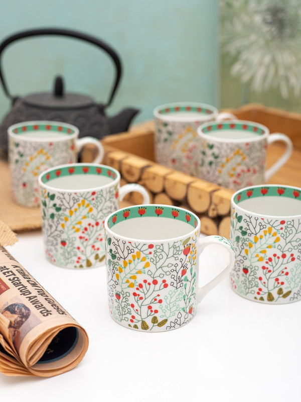 Bone China Tea Cups/Coffee Mugs with Floral Print (Set of 6 mugs)