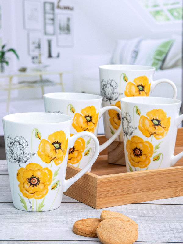 Goodhomes Bone China Tea/Coffee Large Mug (Set of 4pcs) 360ml - Modern Floral