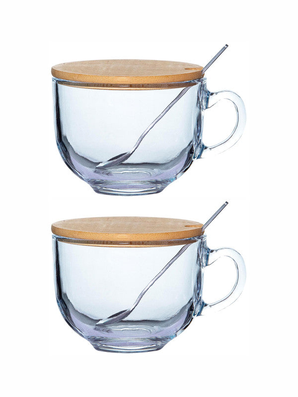 Goodhomes Glass Mug with Wooden Lid & Metal Spoon (2pcs Mug , 2pcs Spoon & 2pcs wooden lid)