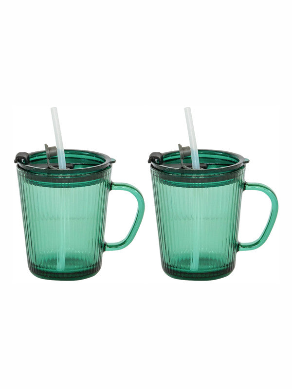 Goodhomes Glass Mug Sipper with Lid & Straw (Set of 2pcs)