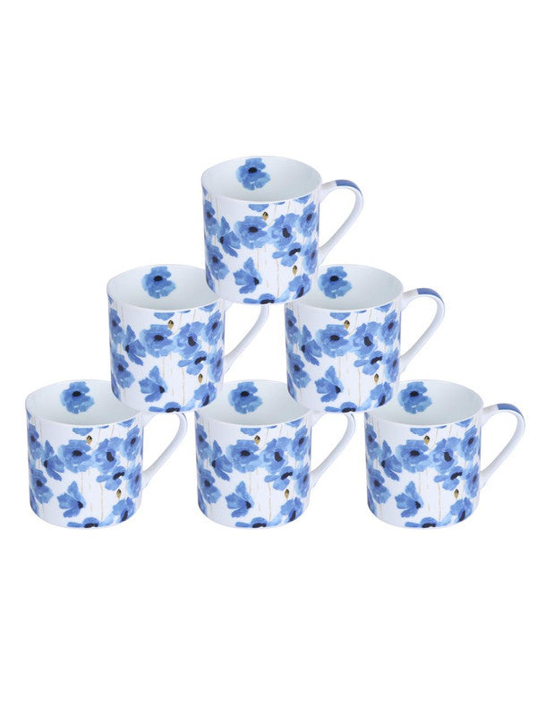 Bone China Coffee Mug Set with Blue Flower Design. ( Set of 6 Cup )