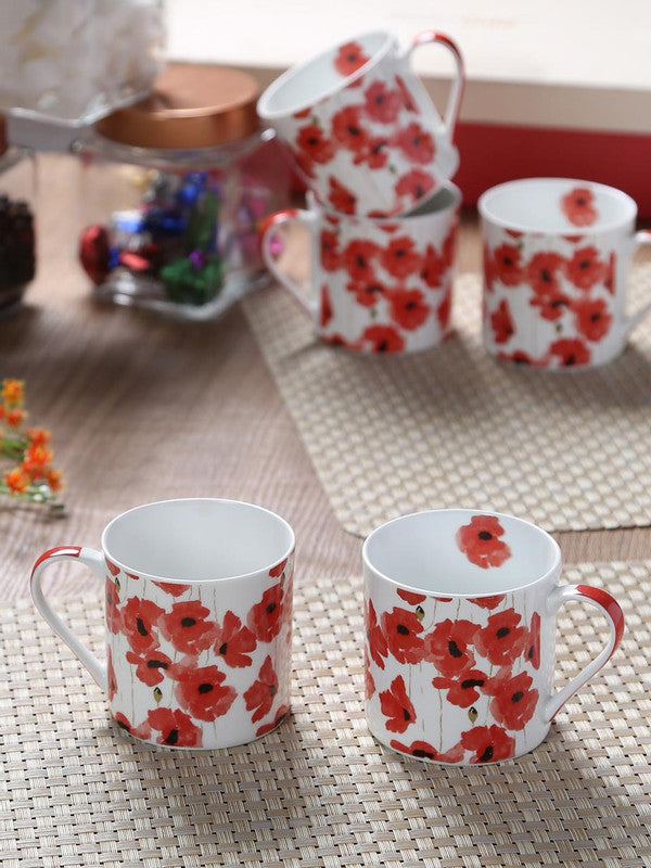 Bone China Coffee Mug Set with Red Flower Design. ( Set of 6 Cup )