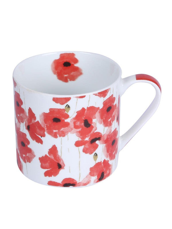 Bone China Coffee Mug Set with Red Flower Design. ( Set of 6 Cup )