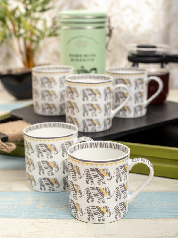 Bone China Tea Cups/Coffee Mugs with Elephant Print (Set of 6 mugs)