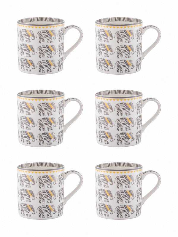 Bone China Tea Cups/Coffee Mugs with Elephant Print (Set of 6 mugs)