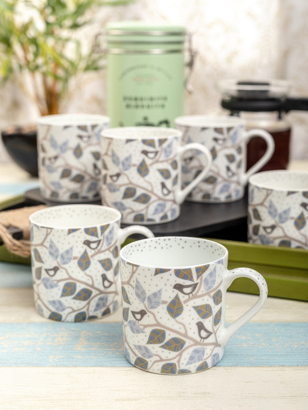 Bone China Tea Cups/Coffee Mugs with Modern Leaf Print (Set of 6 mugs)