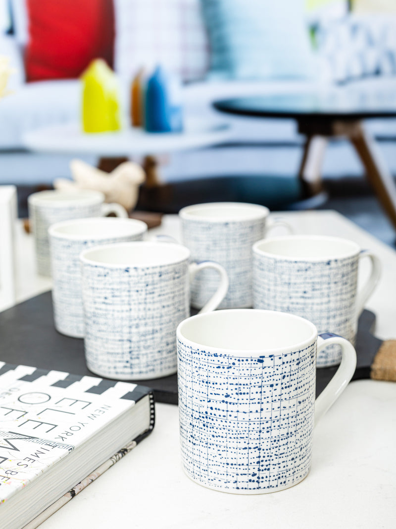 Bone China Coffee Mug Set with Indigo Abstract Design. ( Set of 6 Cup )