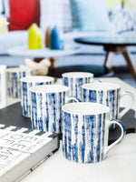 Bone China Coffee Mug Set with Indigo Abstract Design. ( Set of 6 Cup )
