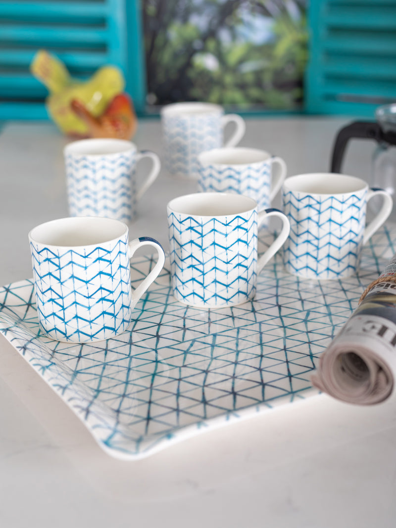 Goodhomes Bone China Tea Cups/Coffee Mugs With Indigo Print (Set Of 6 Mugs)